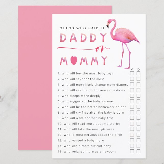 Flamingo Baby shower Raad eens wie het spel zei (Voorkant / Achterkant)
