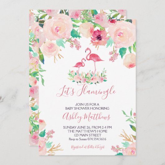 Flamingo Baby shower Uitnodiging, Flamingo Douche Kaart (Voorkant / Achterkant)
