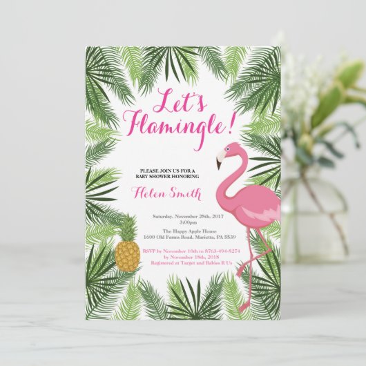 Flamingo Baby shower Uitnodiging Let's Flamingle (Staand voorkant)