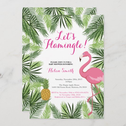 Flamingo Baby shower Uitnodiging Let's Flamingle (Voorkant / Achterkant)