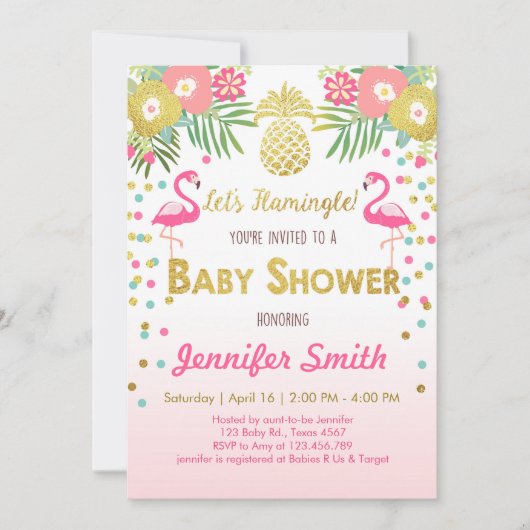 Flamingo Baby shower-uitnodiging Tropisch Kaart (Voorkant)