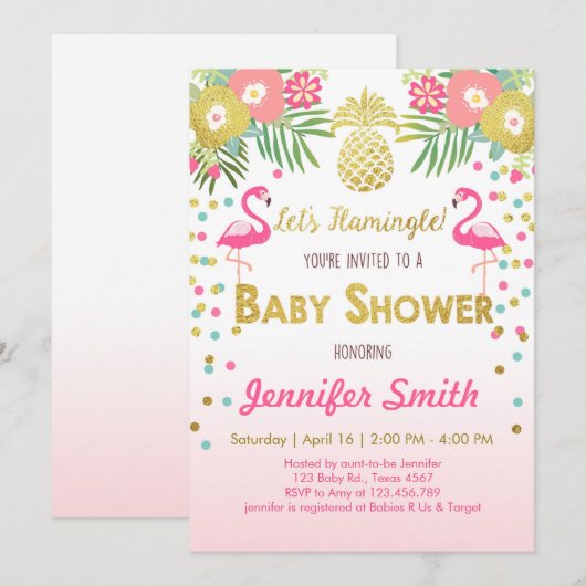 Flamingo Baby shower-uitnodiging Tropisch Kaart (Voorkant / Achterkant)