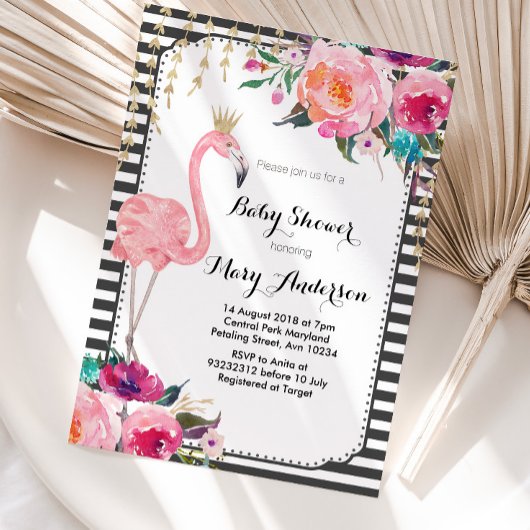 Flamingo Baby shower Uitnodiging zwart wit