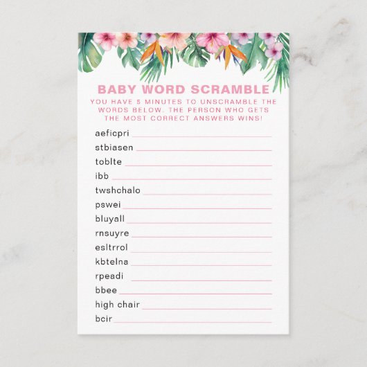 Flamingo Baby shower Word Scramble spel Informatiekaartje (Voorkant)