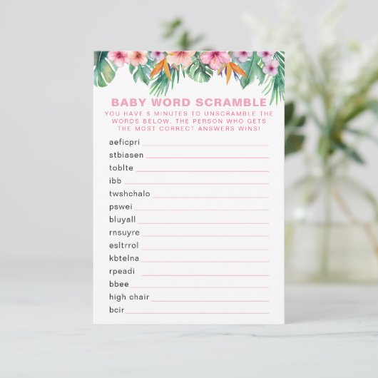 Flamingo Baby shower Word Scramble spel Informatiekaartje (Staand voorkant)