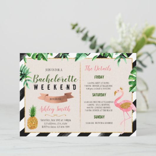 Flamingo bachelorette met reisuitnodiging kaart (Staand voorkant)