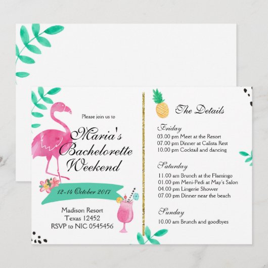 Flamingo Bachelorette Weekend Uitnodiging (Voorkant / Achterkant)