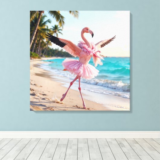 Flamingo Ballerina In a Pink Tutu On the Beach Canvas Afdruk (Insitu (Houten vloer))