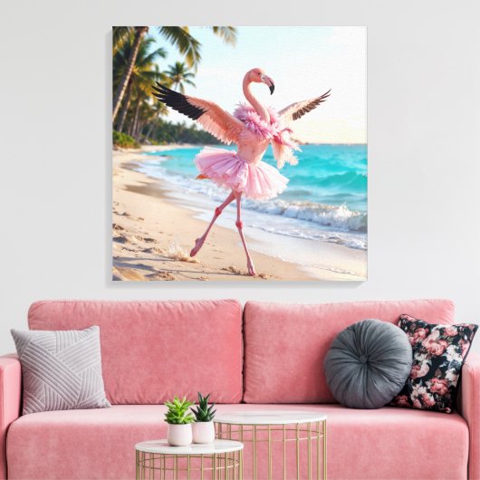 Flamingo Ballerina In a Pink Tutu On the Beach Canvas Afdruk (Insitu (Woonkamer))