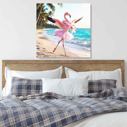 Flamingo Ballerina In a Pink Tutu On the Beach Canvas Afdruk (Insitu (Slaapkamer))