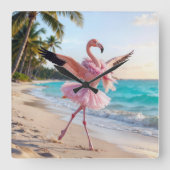 Flamingo Ballerina In a Pink Tutu On the Beach Vierkante Klok (Voorkant)