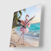 Flamingo Ballerina In a Pink Tutu On the Beach Vierkante Klok (Hoek)