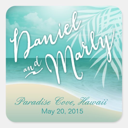 Flamingo Beach bruiloft gunst | Aqua Vierkante Sticker (Voorkant)