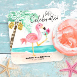 Flamingo Beach Cocktail Palm Tropische Verjaardag Kartonnen Onderzetters<br><div class="desc">Leuke,  feestelijke verjaardagspapieren onderzetters zijn voorzien van een roze flamingo op het strand met een tropische cocktail naast een palmboom met een "let's celebrate"-onderschrift in een modern,  casual handschrift. Kunst door KL Stock</div>