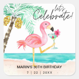 Flamingo Beach Cocktail Palm Tropische Verjaardag Vierkante Sticker