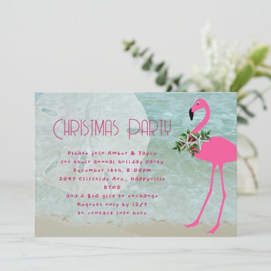 Flamingo Beach Kerstfeest uitnodiging (Staand voorkant)