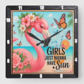 Flamingo Beach "Meisjes willen zon Vierkante Klok (Voorkant)