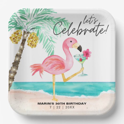 Flamingo Beach Party Tropical Cocktail Birthday Papieren Bordje (Voorkant)