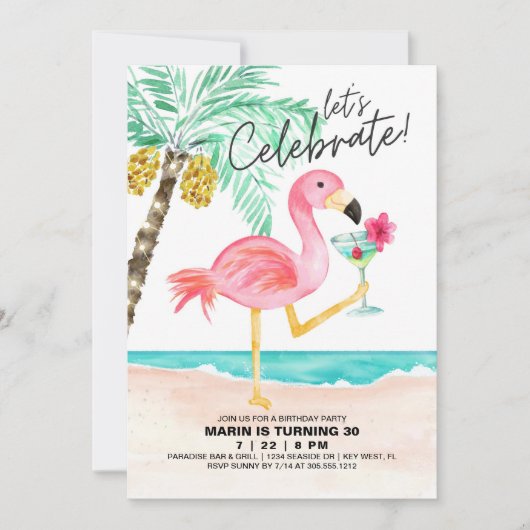 Flamingo Beach Party | Tropische verjaardag Kaart (Voorkant)