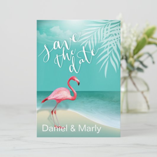 Flamingo Beach Save the Date | aqua Kaart (Staand voorkant)