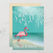 Flamingo Beach Save the Date | aqua Kaart (Voorkant / Achterkant)