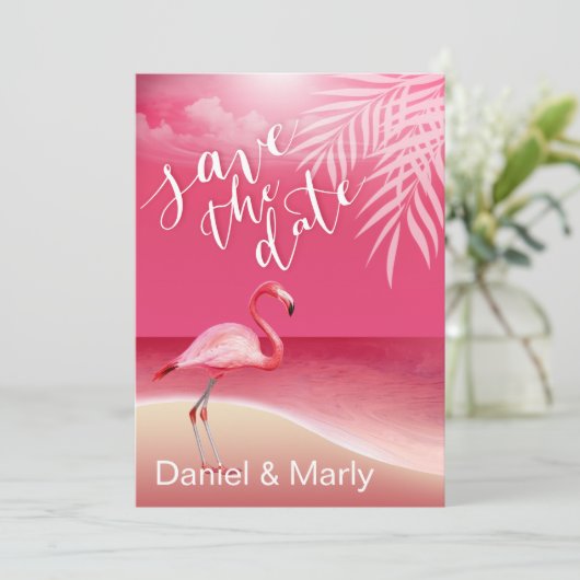 Flamingo Beach Save the Date | roze Kaart (Staand voorkant)