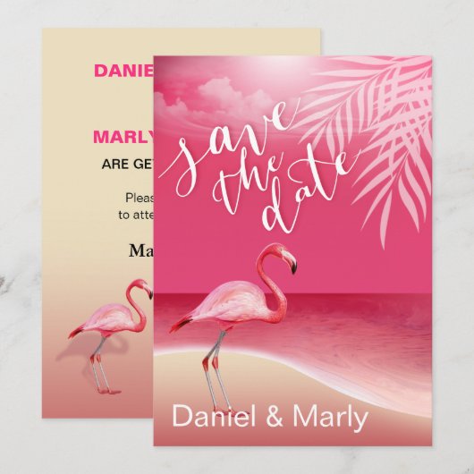 Flamingo Beach Save the Date | roze Kaart (Voorkant / Achterkant)