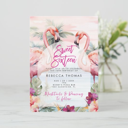 Flamingo beach sweet 16 party uitnodiging (Staand voorkant)