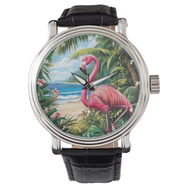 Flamingo Beach Tropical Horloge (Voorkant)