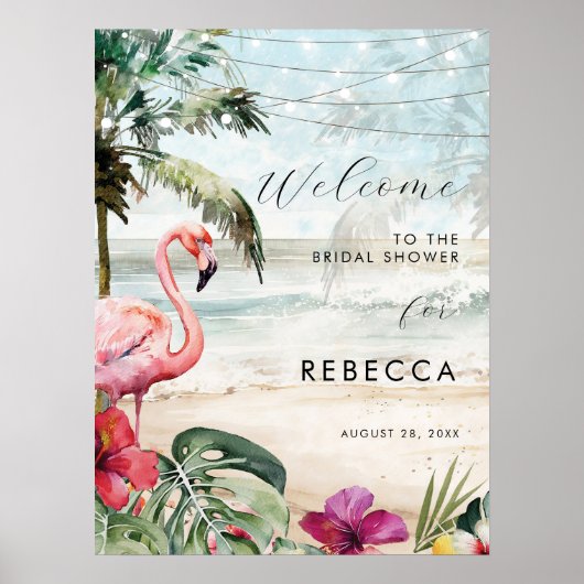 Flamingo Beach Tropical Palms Welkomstbord poster (Voorkant)