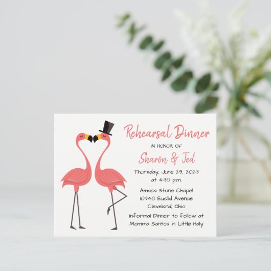 Flamingo Beach Tropical Wedding Rehearsal Dinner Uitnodiging Briefkaart (Staand voorkant)