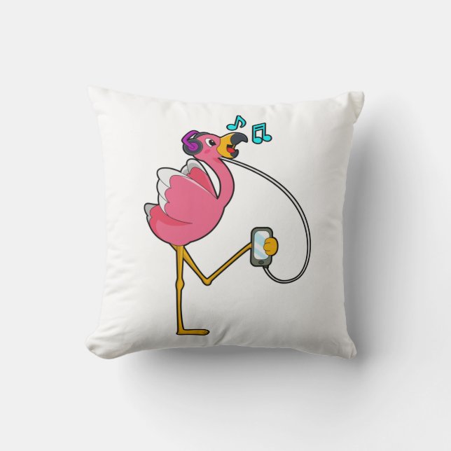 Flamingo bij Muziek met Hoofdtelefoon Kussen (Voorkant)