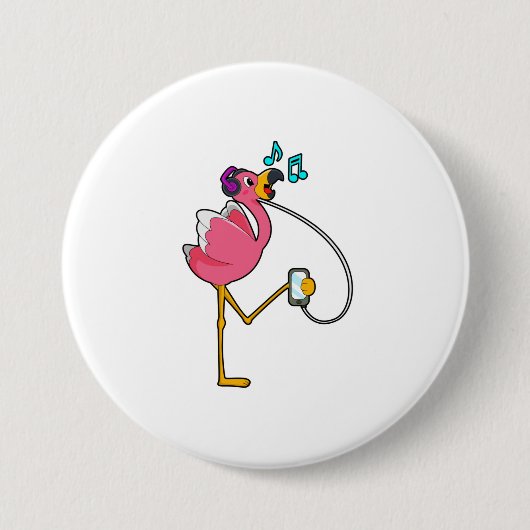 Flamingo bij Muziek met Hoofdtelefoon Ronde Button 7,6 Cm (Voorkant)