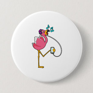 Flamingo bij Muziek met Hoofdtelefoon Ronde Button 7,6 Cm