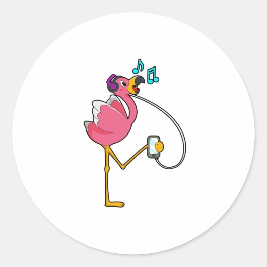 Flamingo bij Muziek met Hoofdtelefoon Ronde Sticker (Voorkant)