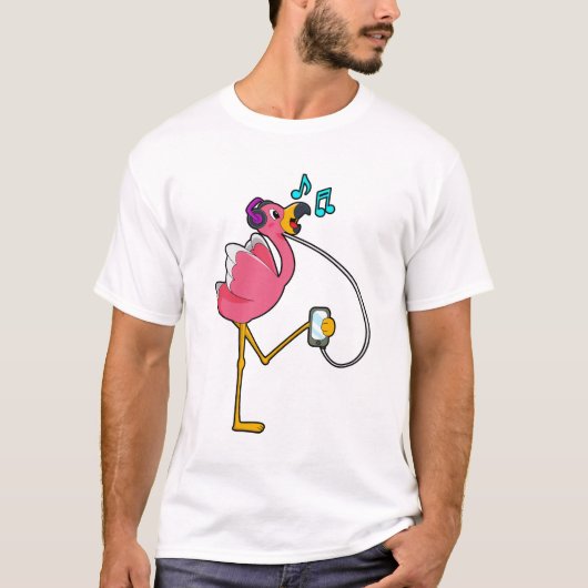 Flamingo bij Muziek met Hoofdtelefoon T-shirt (Voorkant)