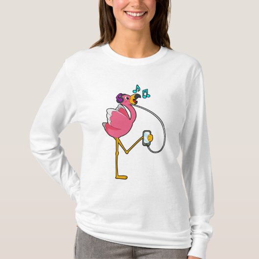 Flamingo bij Muziek met Hoofdtelefoon T-shirt (Voorkant)