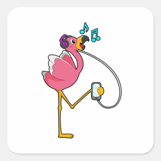 Flamingo bij Muziek met Hoofdtelefoon Vierkante Sticker (Voorkant)