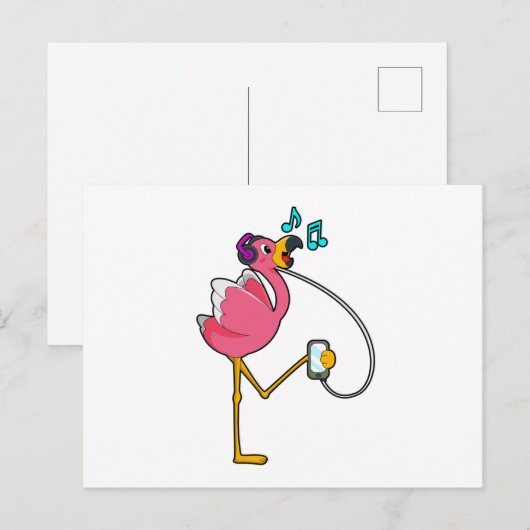 Flamingo bij muziek met koptelefoon briefkaart (Voorkant / Achterkant)