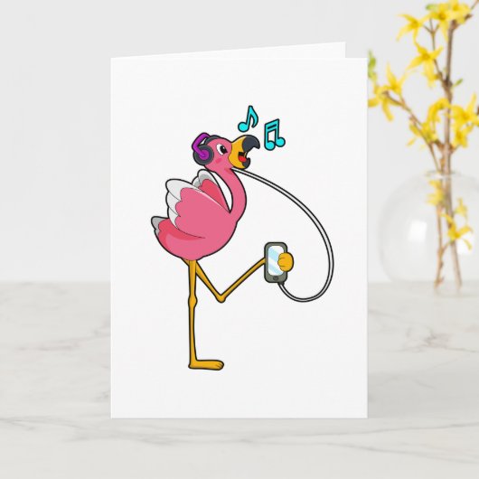 Flamingo bij muziek met koptelefoon kaart (Gele Bloem)