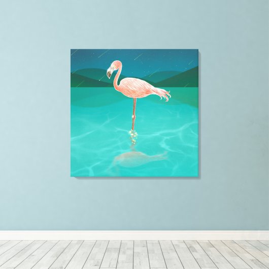 FLAMINGO BIJ NACHT ART PRINT STRETCHED CANVAS (Insitu (Houten vloer))