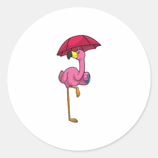 Flamingo bij Raining met Umbrella Ronde Sticker (Voorkant)