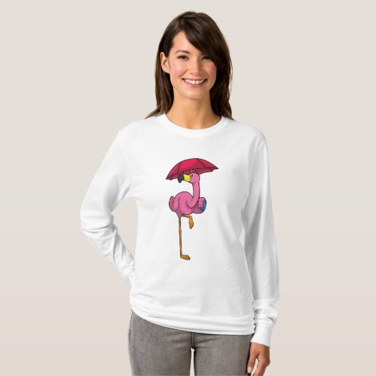 Flamingo bij Raining met Umbrella T-shirt (Voorkant volledig)