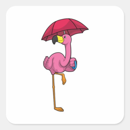 Flamingo bij Raining met Umbrella Vierkante Sticker (Voorkant)