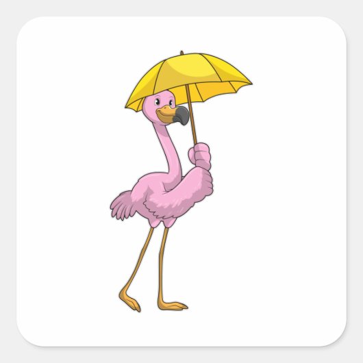 Flamingo bij Raining met Umbrella Vierkante Sticker (Voorkant)