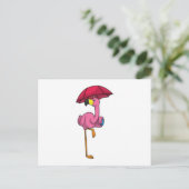 Flamingo bij regen met paraplu briefkaart (Staand voorkant)