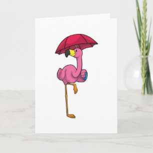 Flamingo bij regen met paraplu kaart