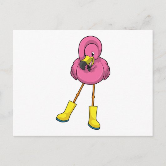 Flamingo bij regen met rubberlaarzen briefkaart (Voorkant)