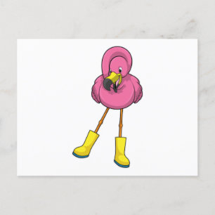 Flamingo bij regenen met rubberlaarzen briefkaart