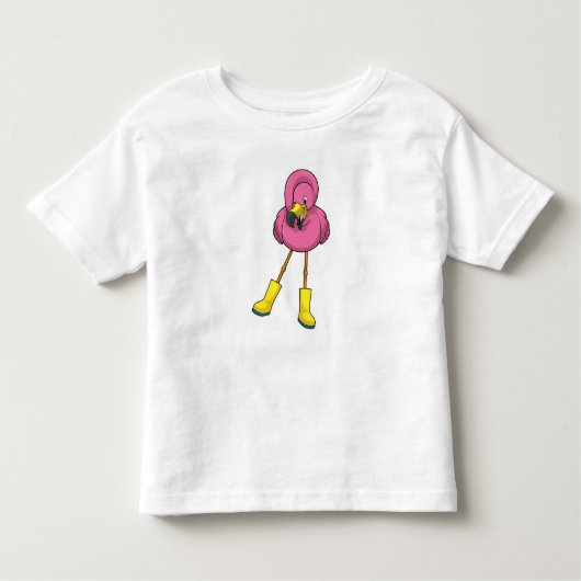 Flamingo bij regenen met rubberlaarzen kinder shirts (Voorkant)